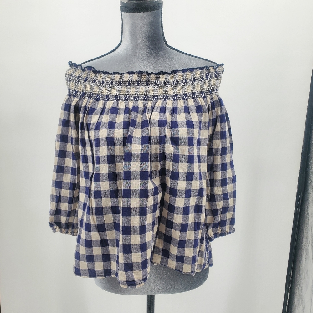 ♧♧ Shyanne Blue Gingham Plaid Smocked Off the Shoulder Top Size XS